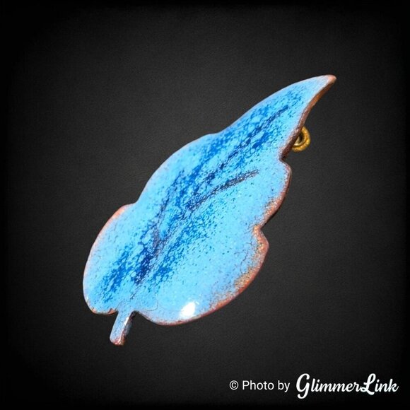 Vintage Blue Leaf Enamel Copper Nature Themed Brooch Pin - Picture 4 of 7